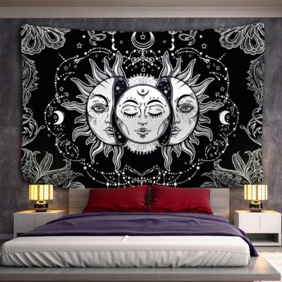 White Black Sun and Moon Mandala Tapestry - Mandala Tapestry